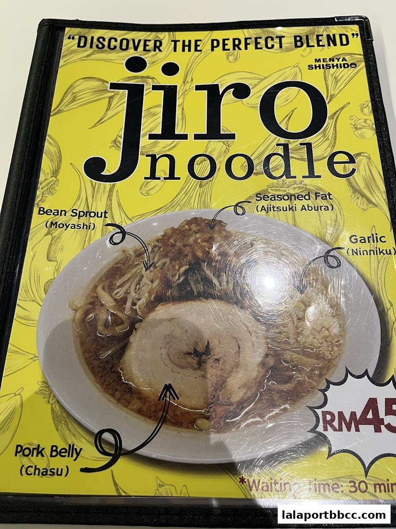A menu page showcasing a bowl of Jiro style ramen with detailed ingredient labels.