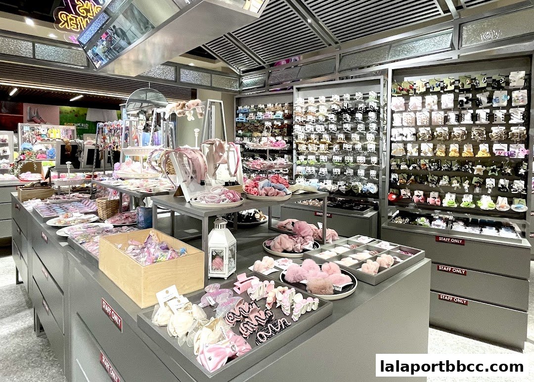 A brightly lit shop interior showcasing a wide variety of hair accessories and fashion items.
