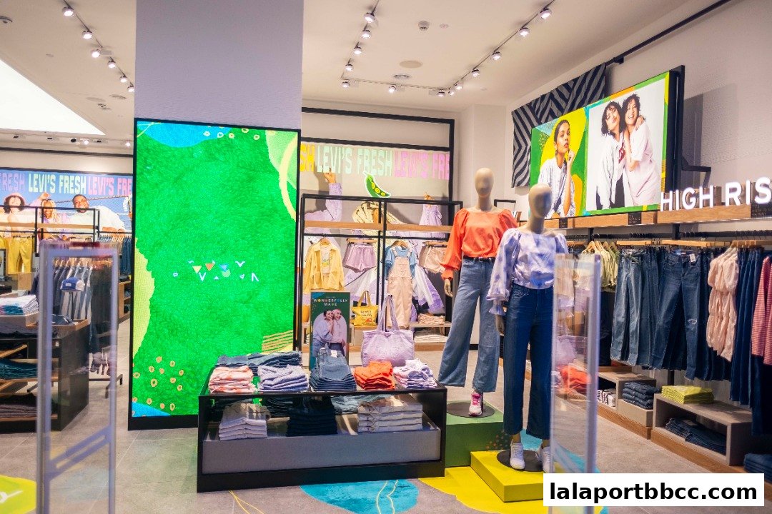 Interior view of a Levi's store showcasing denim, apparel, and mannequins with new arrivals.