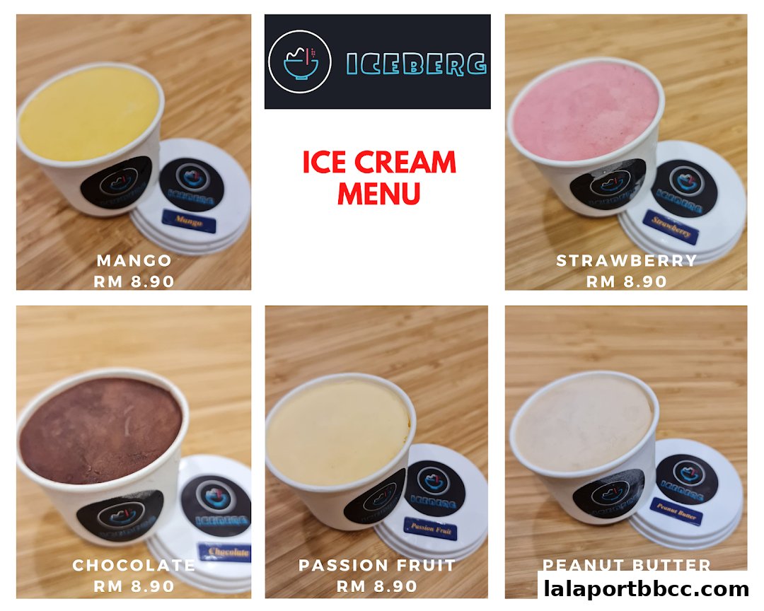 A collage showcasing various flavors of Iceberg ice cream in cups with prices.