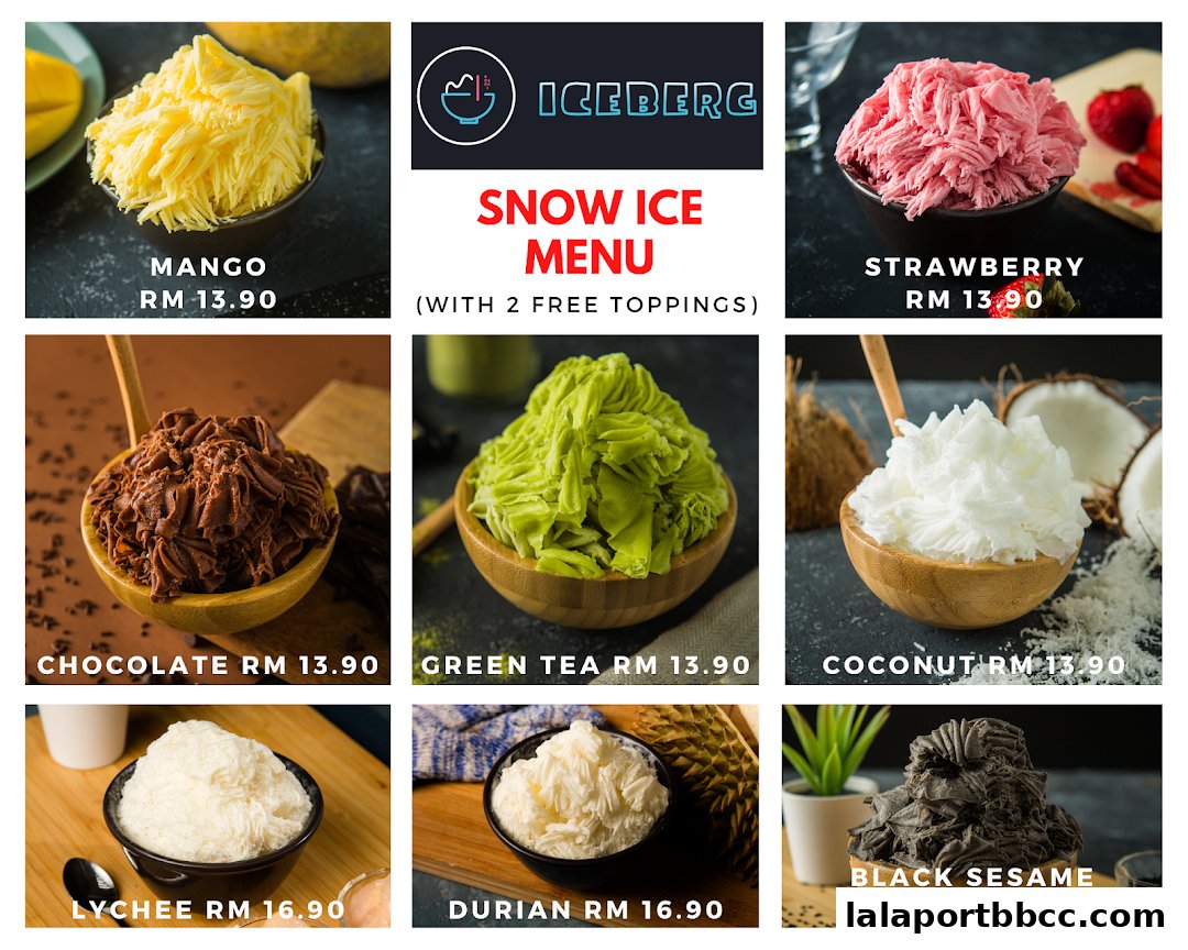 A collage showcasing various flavors of snow ice desserts from Iceberg.