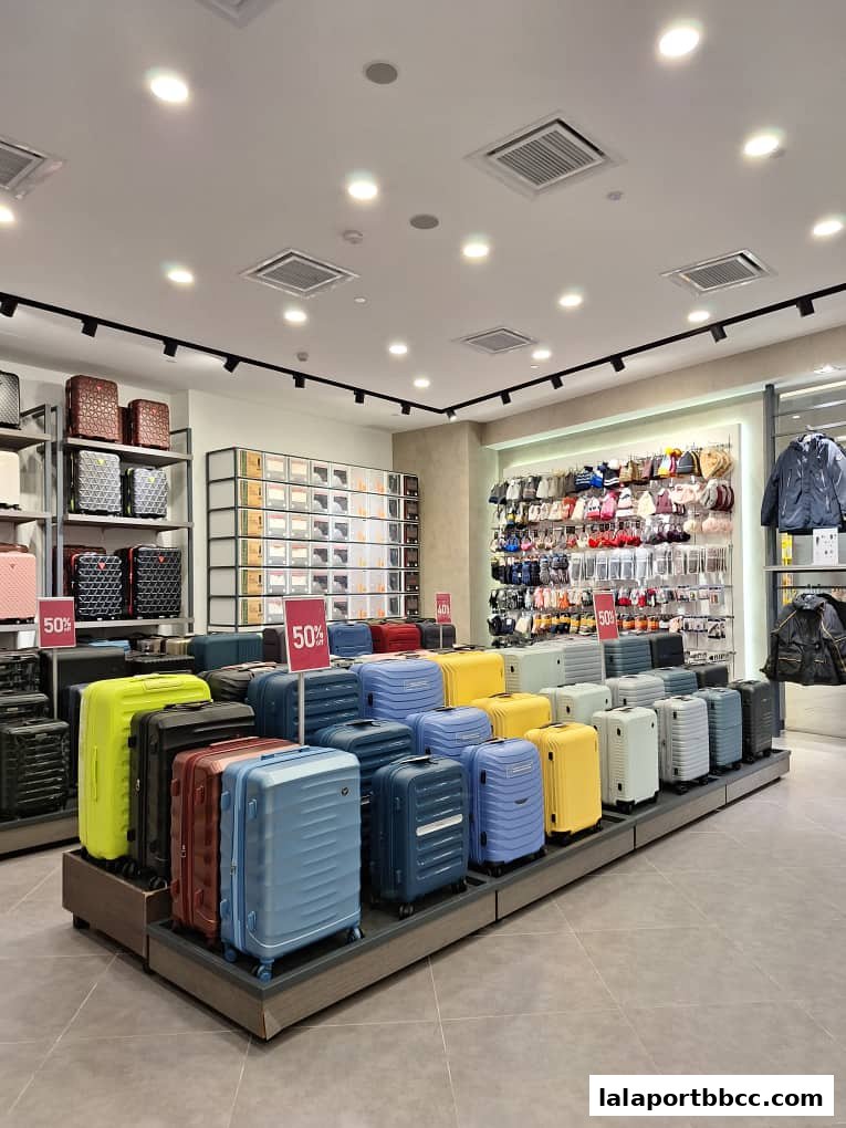 A wide selection of colorful suitcases and travel accessories are displayed in a well-lit retail store.