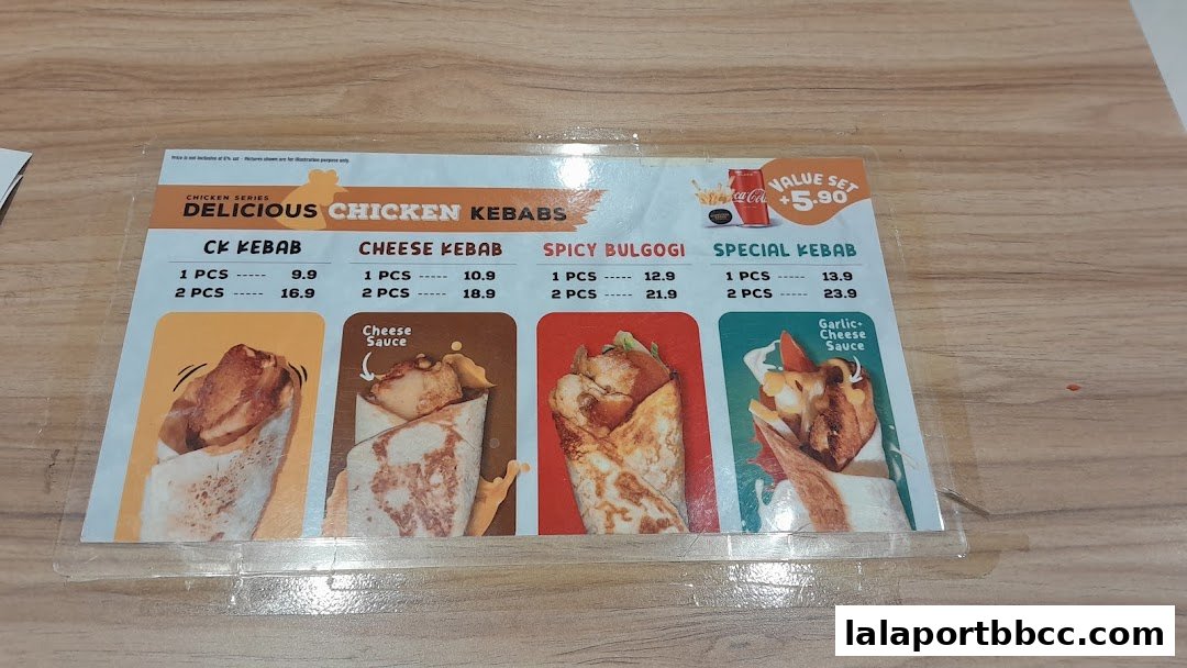 A menu displaying various chicken kebabs with prices and enticing images.