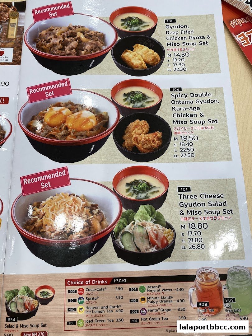 A menu from Sukiya Tokyo Bowls & Noodles featuring recommended sets and drinks.
