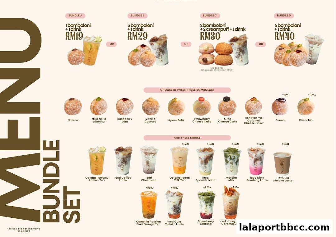A menu displaying various bundle sets of bomboloni and drinks from Sugar and I.
