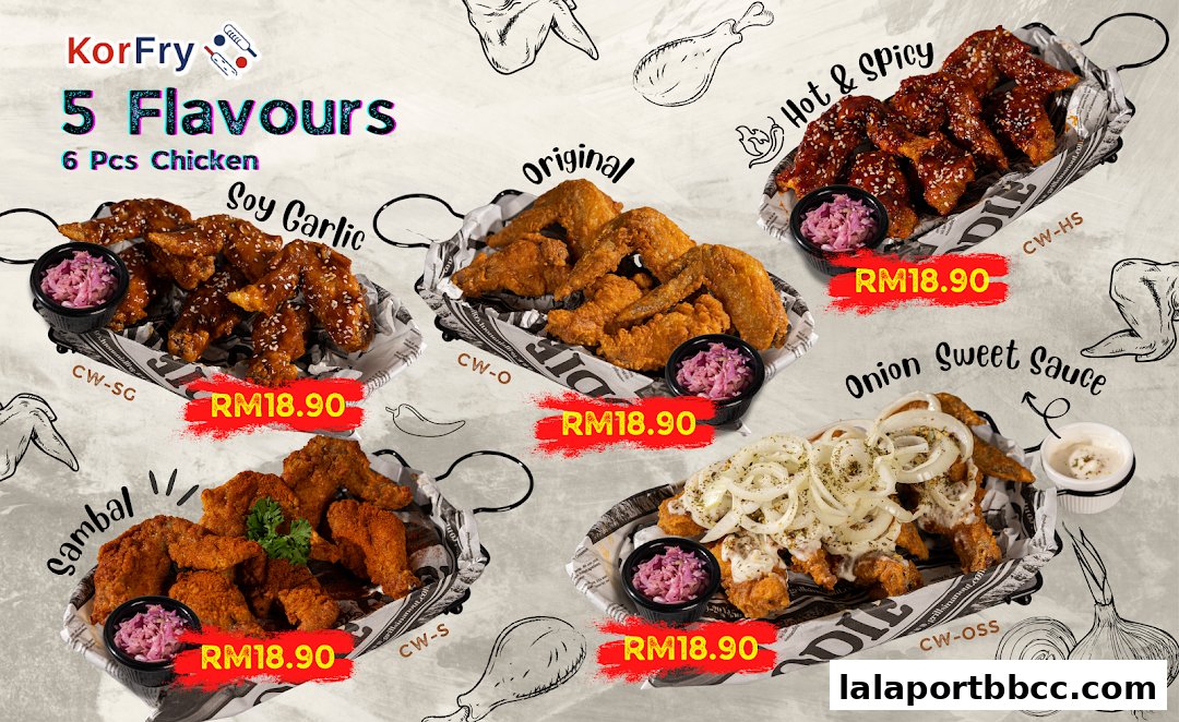 A promotional image showcasing five different flavors of fried chicken from KorFry.