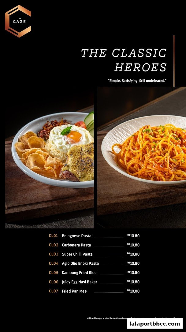 A menu showcasing classic pasta dishes and local favorites from The Cage.
