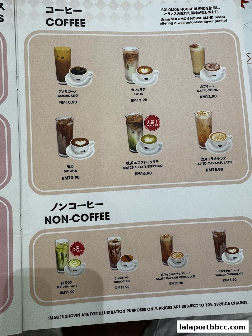 A menu showcasing various coffee and non-coffee drinks with their names and prices.