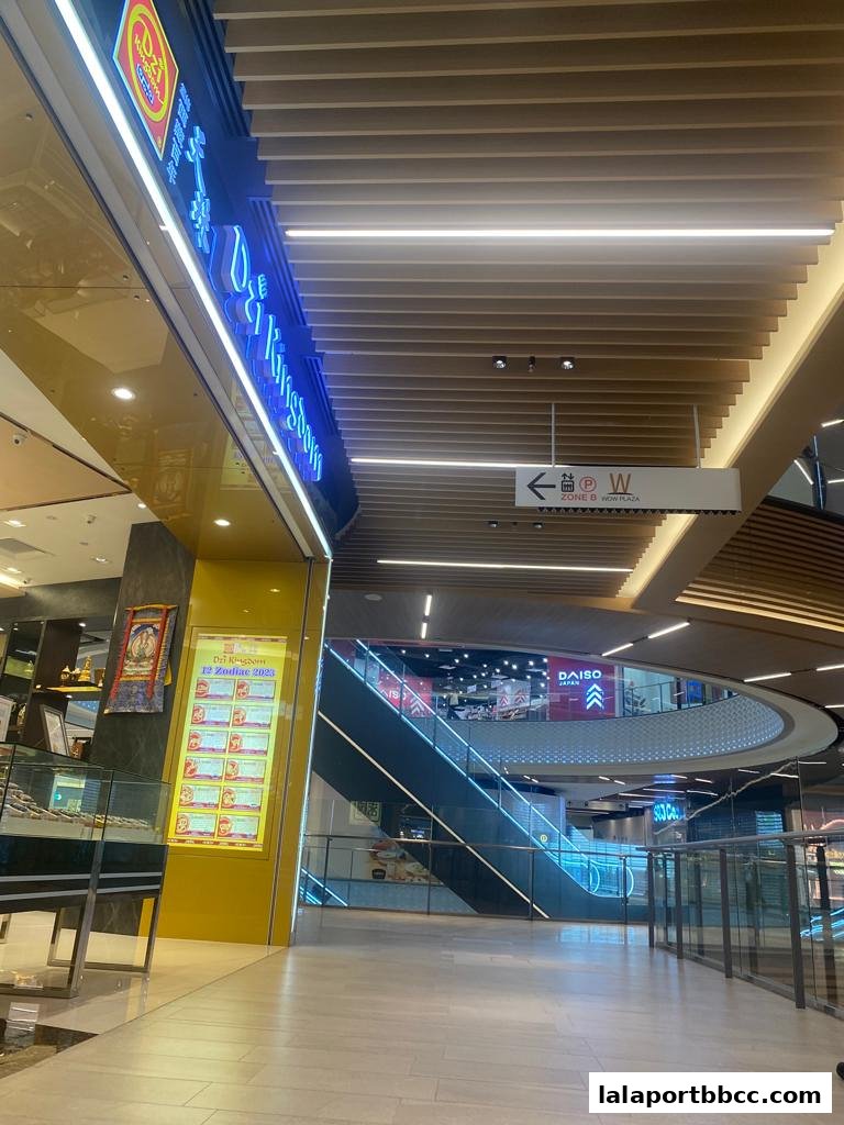Interior view of a shopping mall with the Dzi Kingdom shop and escalators.