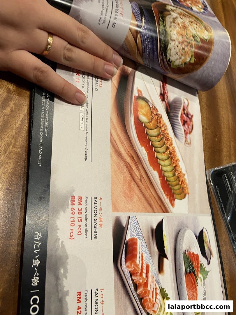 A person is looking at a menu with pictures of Japanese food, including sashimi.