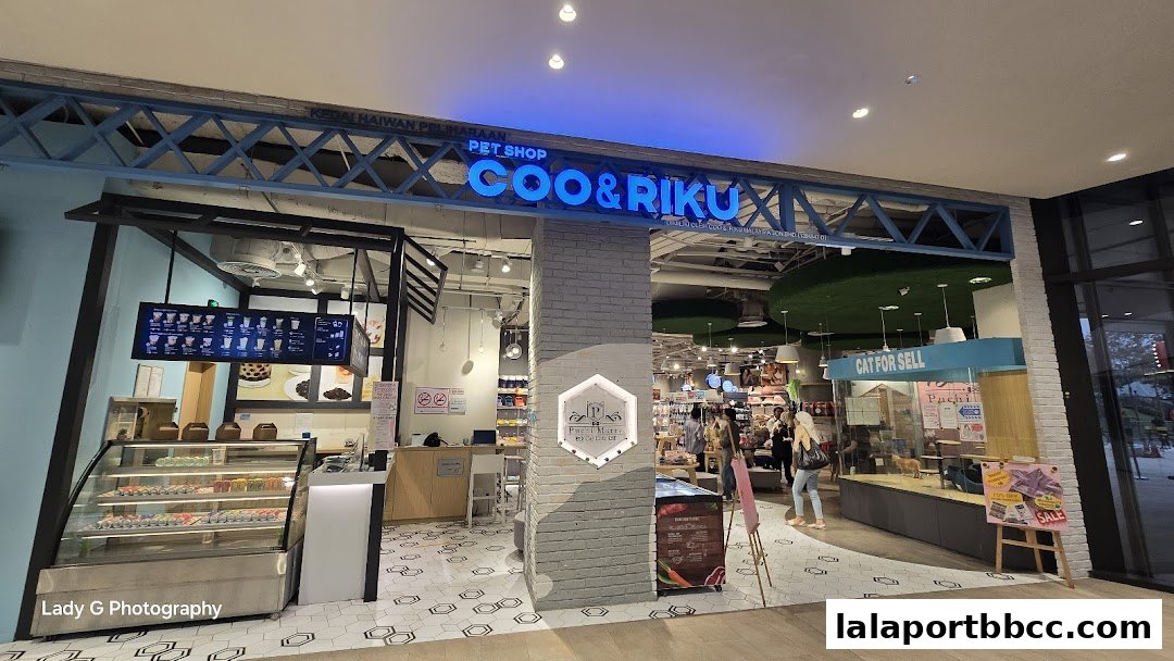The exterior of the Coo & Riku pet shop, featuring a bright blue sign and displays of pet products and cats for sale.