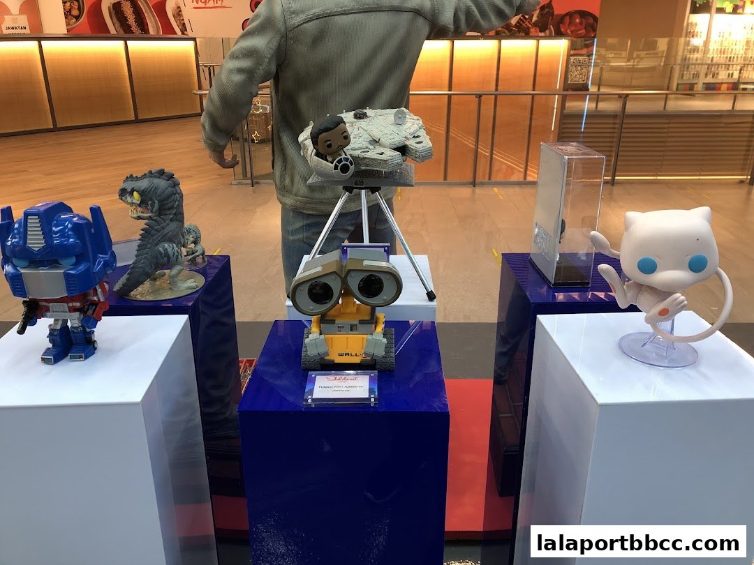 Display of popular character figurines including Optimus Prime, a dinosaur, Wall-E, and Mew.