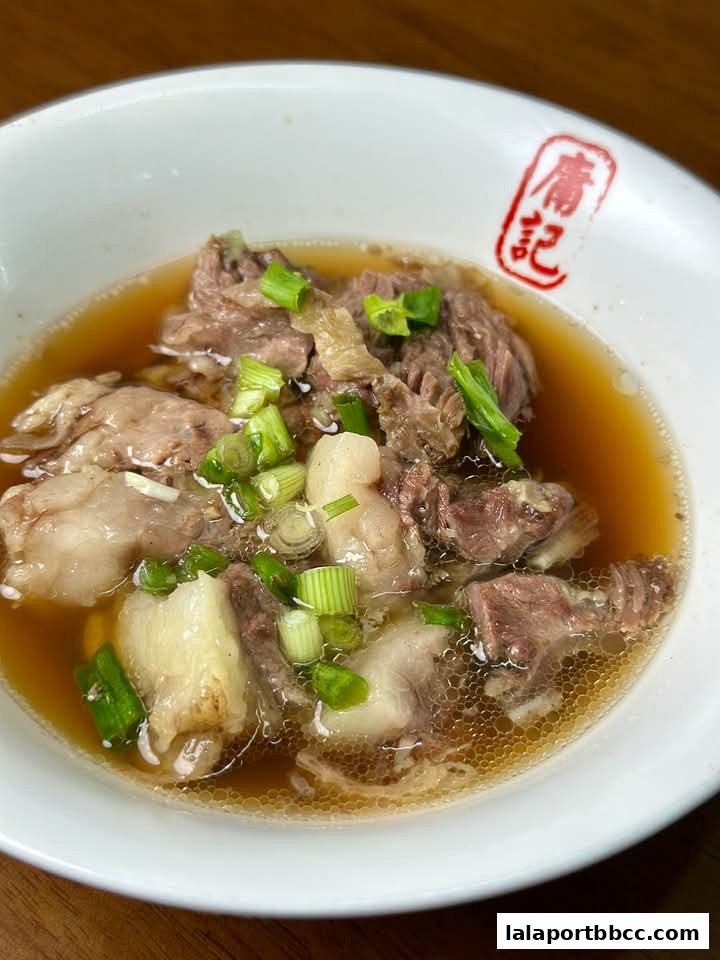 A close-up of a bowl of hearty beef noodle soup with tender beef and green onions.
