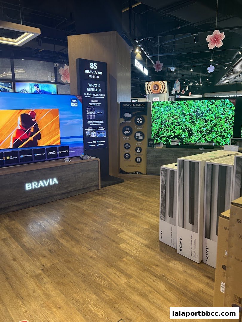 Interior of a Sony store showcasing Bravia TVs and soundbars, with product information displays.