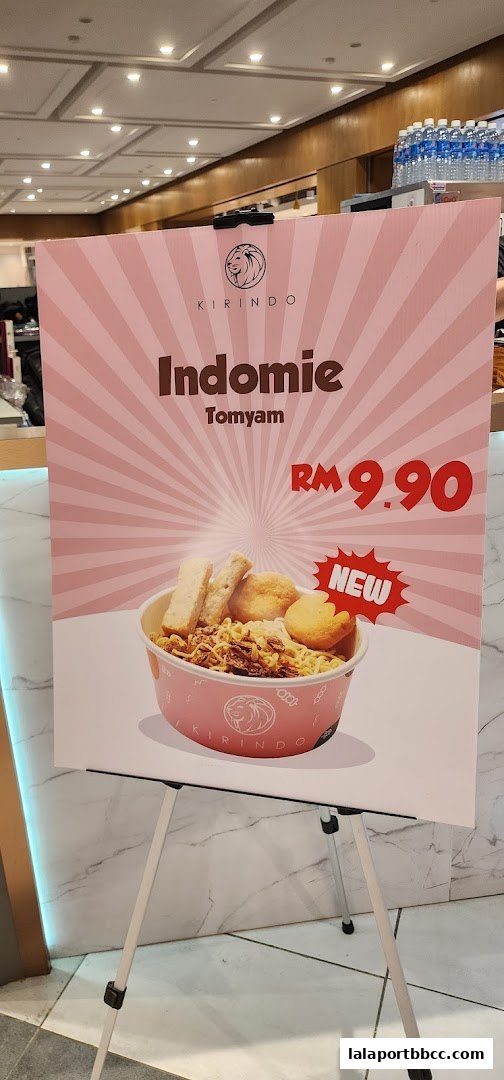 A sign advertising Kirindo's new Indomie Tomyam dish for RM 9.90.