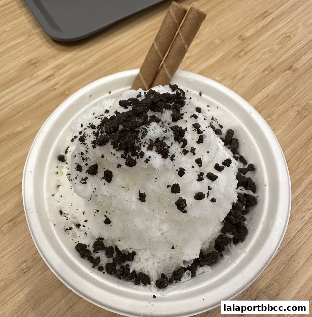A refreshing bowl of shaved ice topped with crushed cookies and wafer sticks.