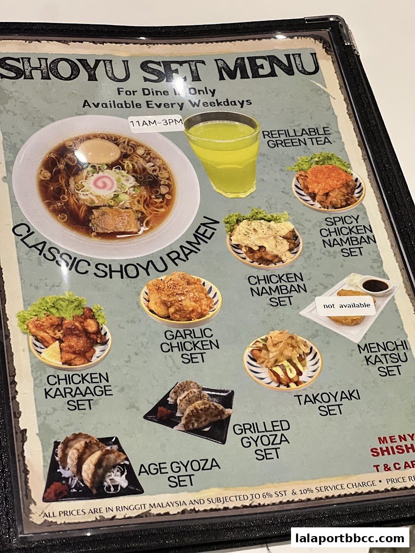 A menu for Shoyu Set meals featuring ramen, fried chicken, gyoza, and takoyaki.
