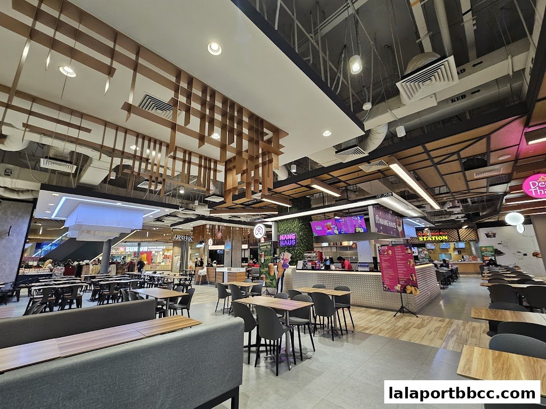 A wide shot of a modern food court with various dining options and seating areas.
