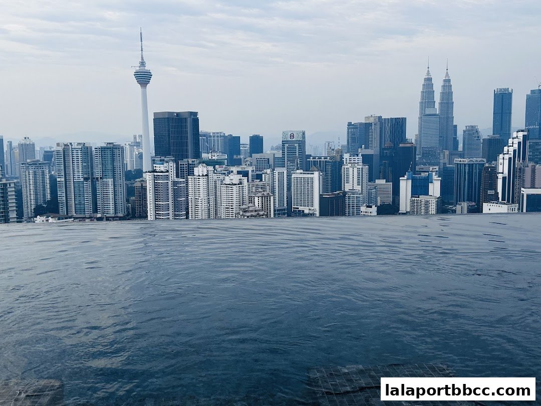 An infinity pool overlooks a sprawling cityscape with skyscrapers and a prominent tower.