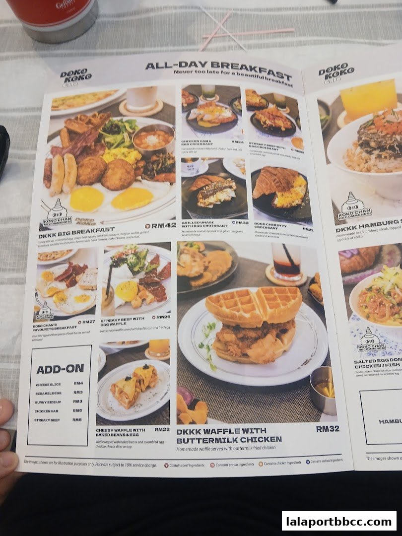 A menu from Doko Koko featuring all-day breakfast items and waffles.