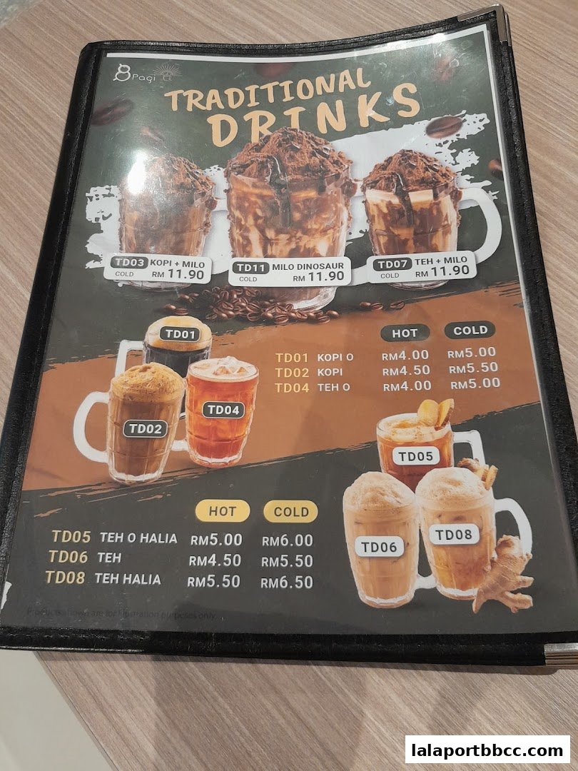 A menu page showcasing traditional drinks with prices and images.