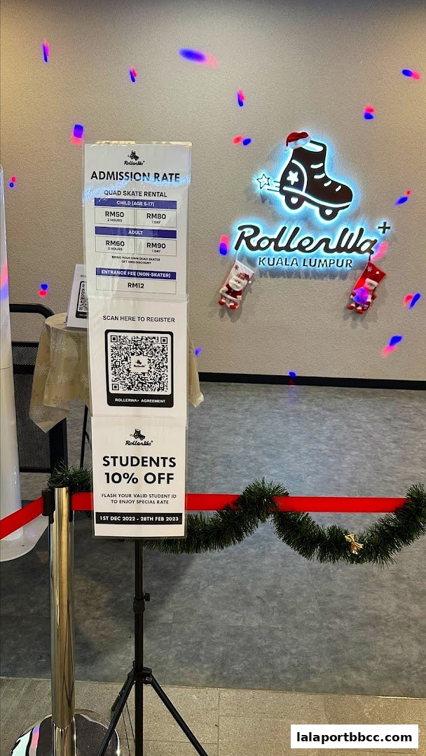 Admission rates and student discount for RollerWa Kuala Lumpur, with a QR code for registration.