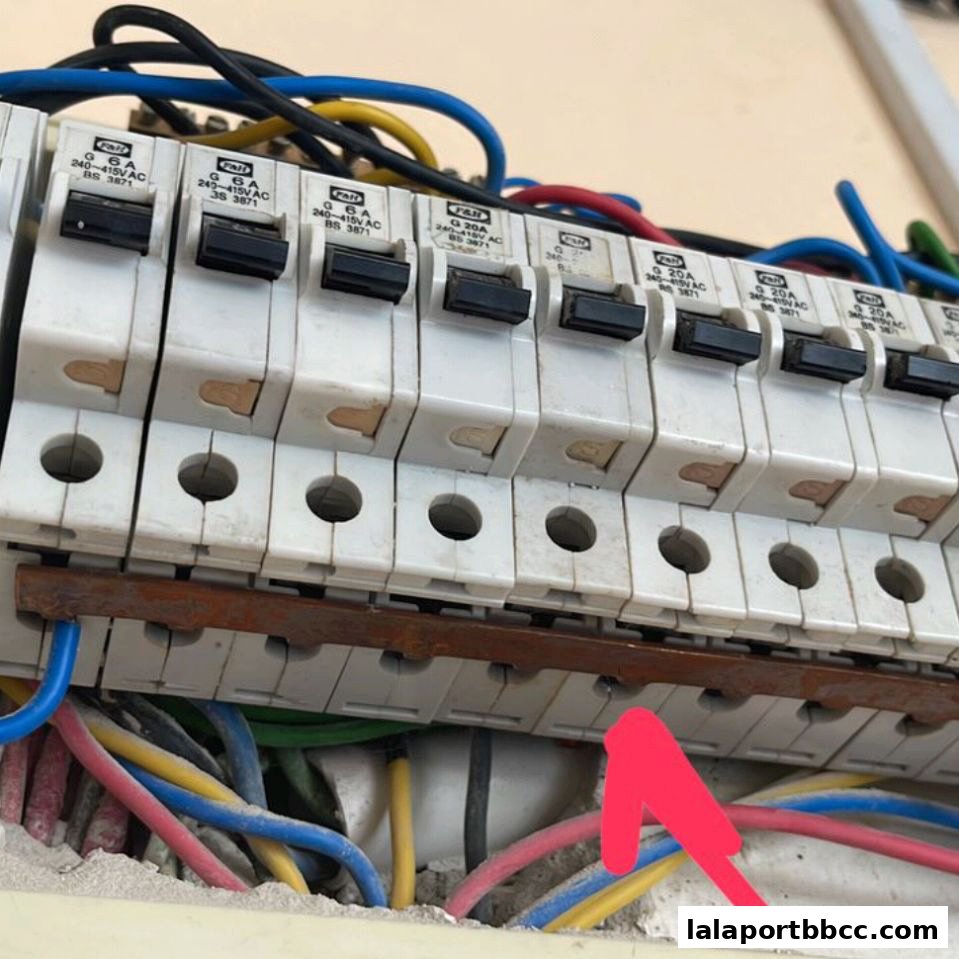 A close-up view of a row of electrical circuit breakers with colorful wires connected.