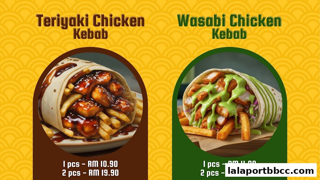 Two delicious chicken kebabs, Teriyaki and Wasabi, with prices displayed.