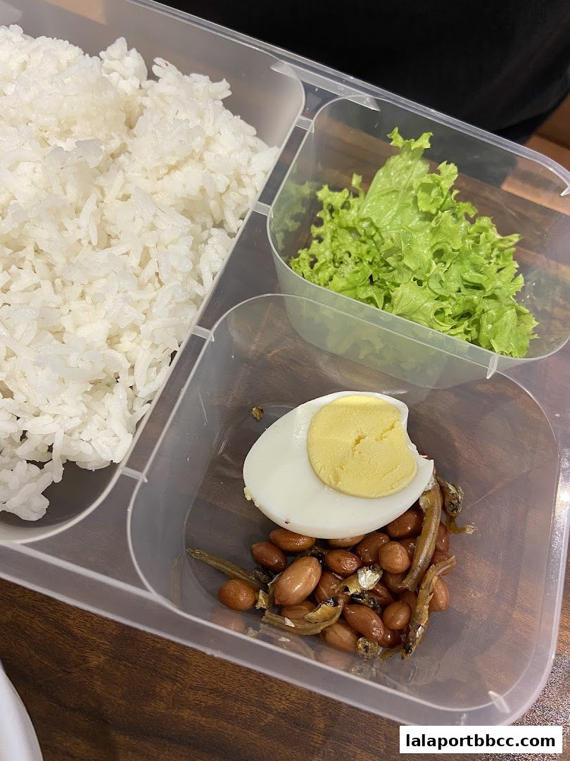 A close-up of a takeaway container filled with rice, lettuce, peanuts, anchovies, and a boiled egg.