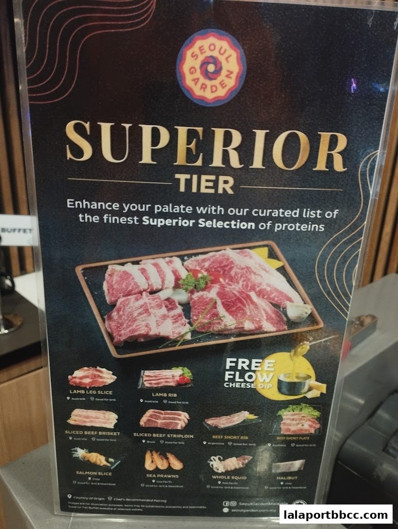 A menu showcasing the 'Superior Tier' selection of proteins at Seoul Garden.