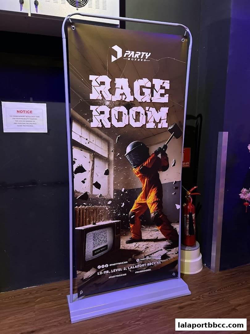 A banner advertises the 'Rage Room' experience at PartyBox 360, showing a person smashing objects.