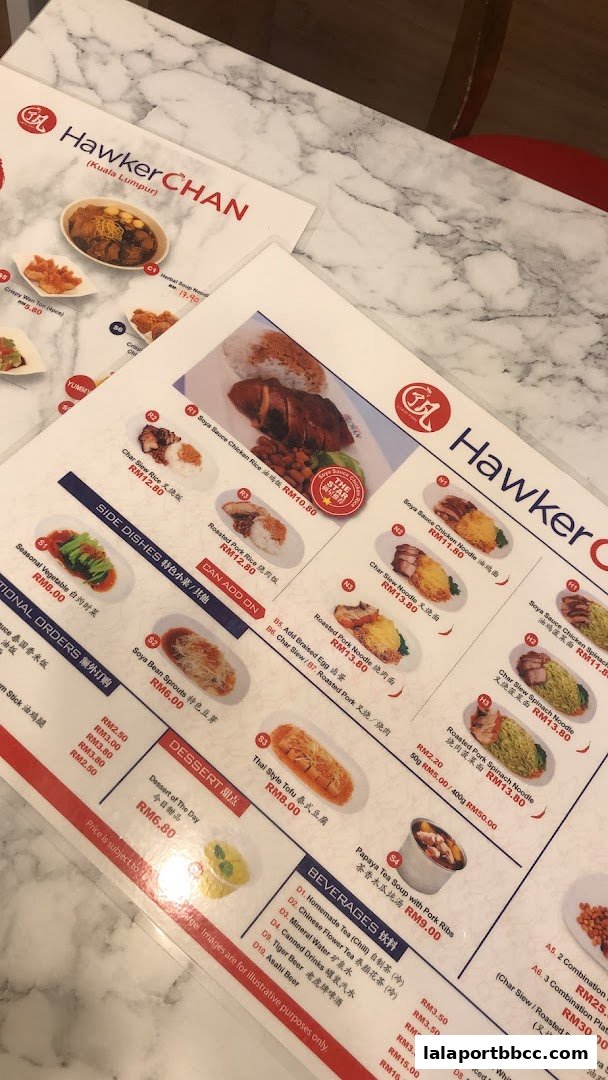 A menu from Hawker Chan LaLaport BBCC featuring various chicken and pork dishes, side dishes, desserts, and beverages.