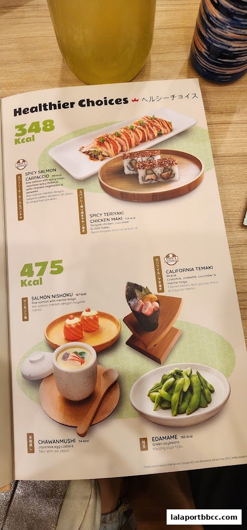 A menu page from Sushi King Lalaport BBCC showcasing healthier choices with calorie information.