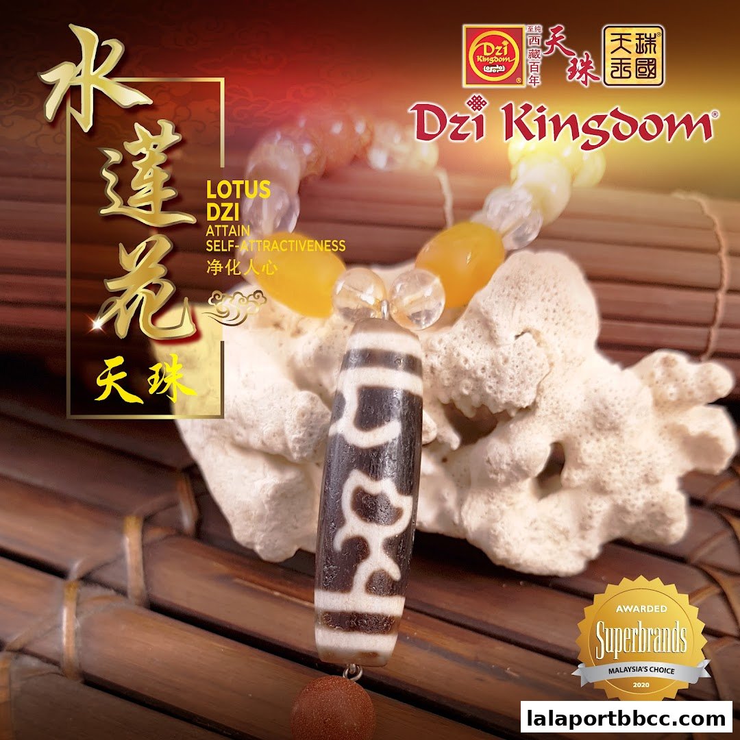 A close-up of a Dzi bead bracelet with Chinese calligraphy and Superbrands award.