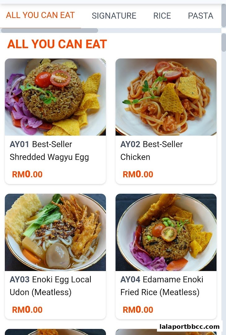 A menu display showing four different dishes with prices.