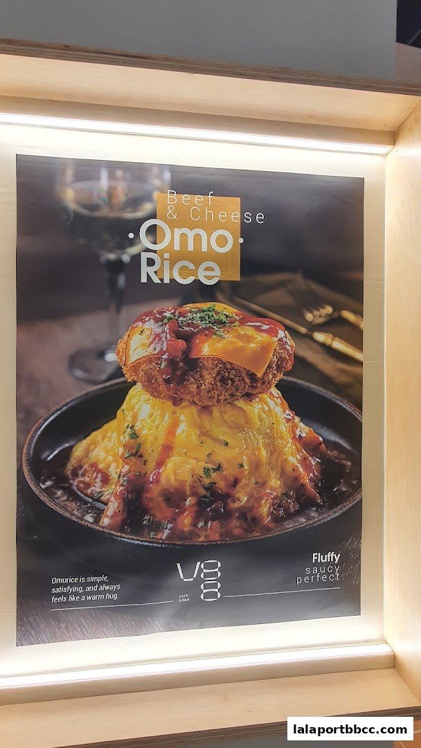 A poster advertising V88 Cafe and Bar's Beef & Cheese Omo Rice dish.