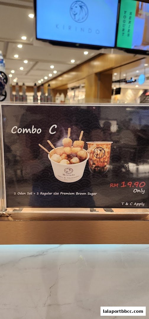 A menu board displays a combo meal with Oden and a brown sugar drink.