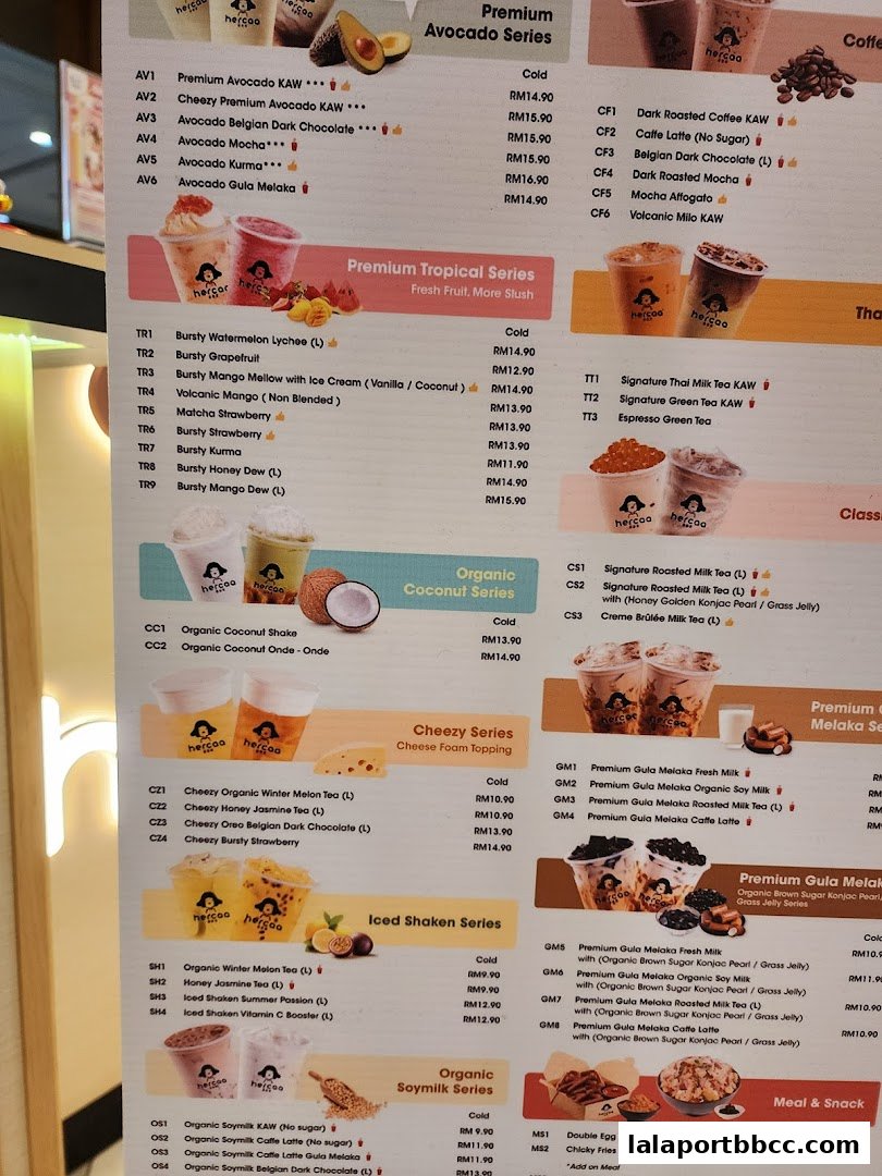 A menu from Hercaa Lalaport featuring various drink series like Avocado, Tropical, Cheezy, and Iced Shaken.