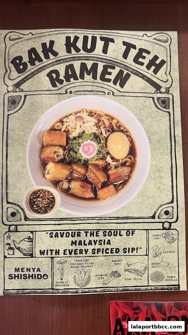 A poster advertising Bak Kut Teh Ramen with ingredients and a tagline.