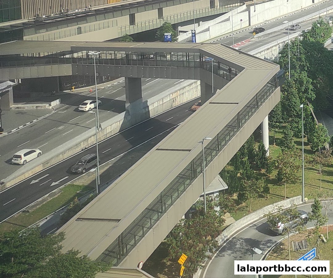 An elevated pedestrian bridge connects buildings over a busy road with several cars.