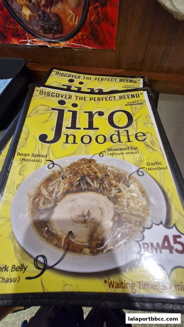 A menu featuring a bowl of Jiro noodle with detailed ingredient labels and price.