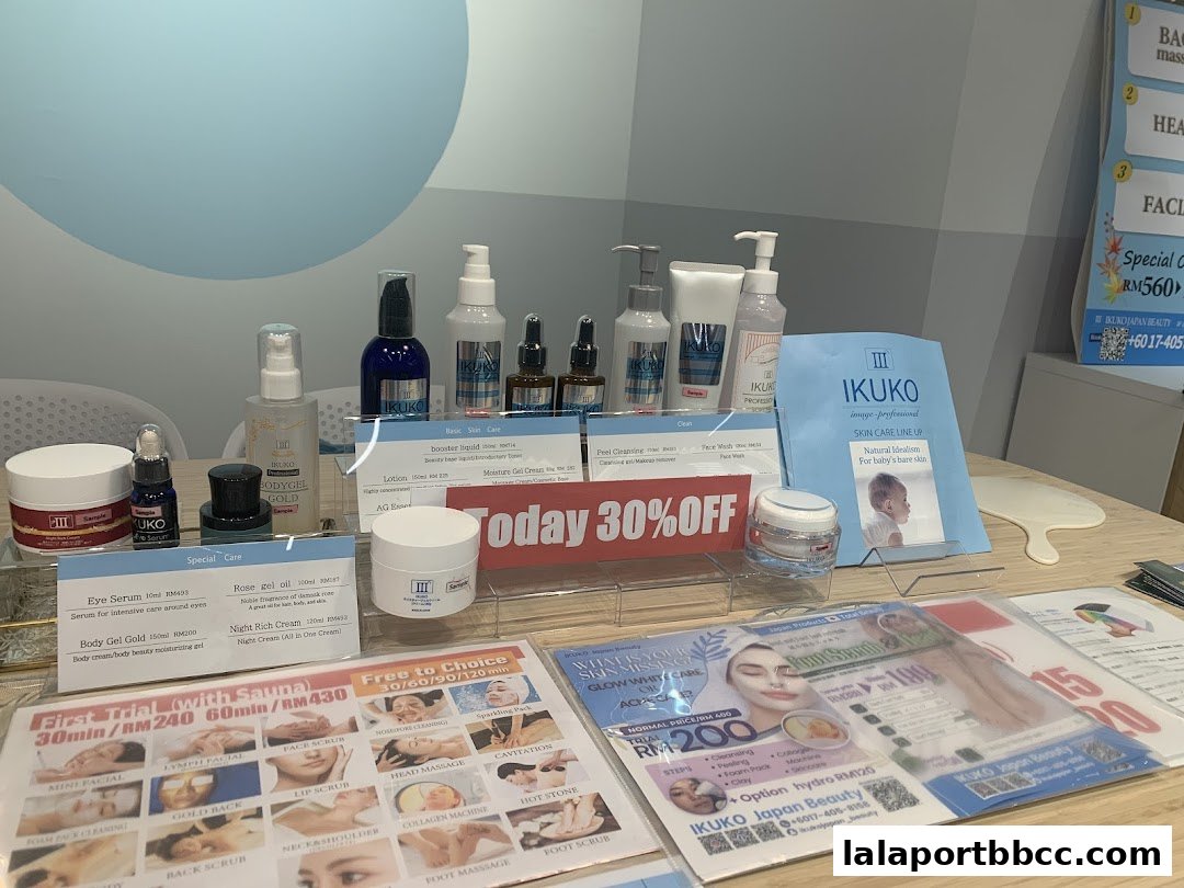 A display of IKUKO Japan Beauty skincare products and promotional offers.