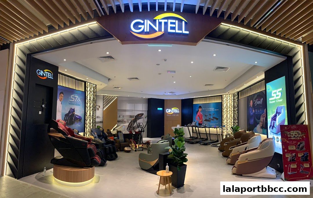 A GINTELL store showcasing various massage chairs and fitness equipment.