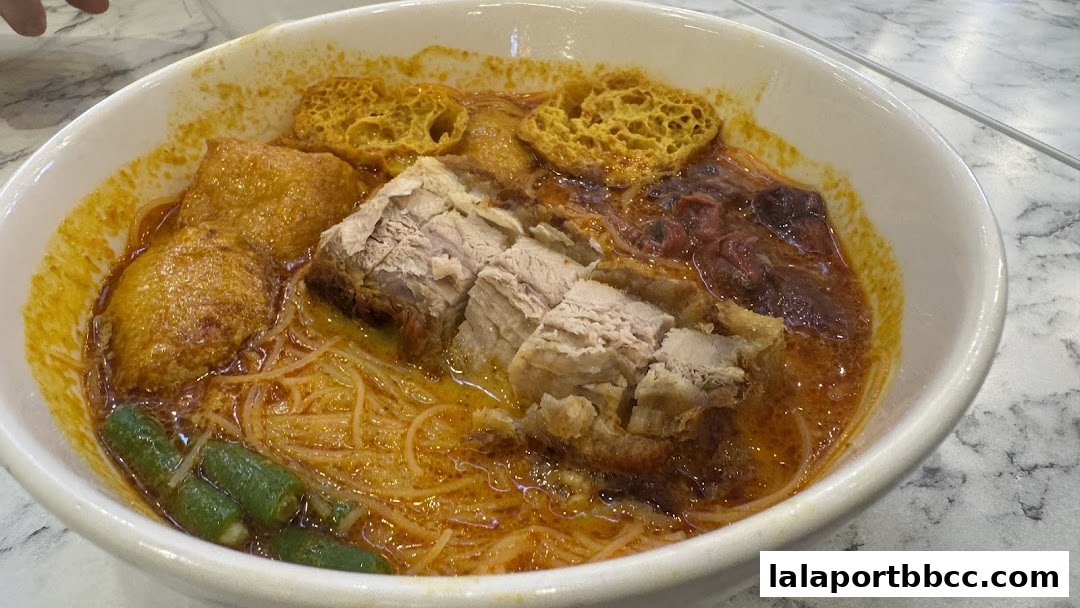 A close-up shot of a delicious bowl of curry noodles with roasted pork and other toppings.
