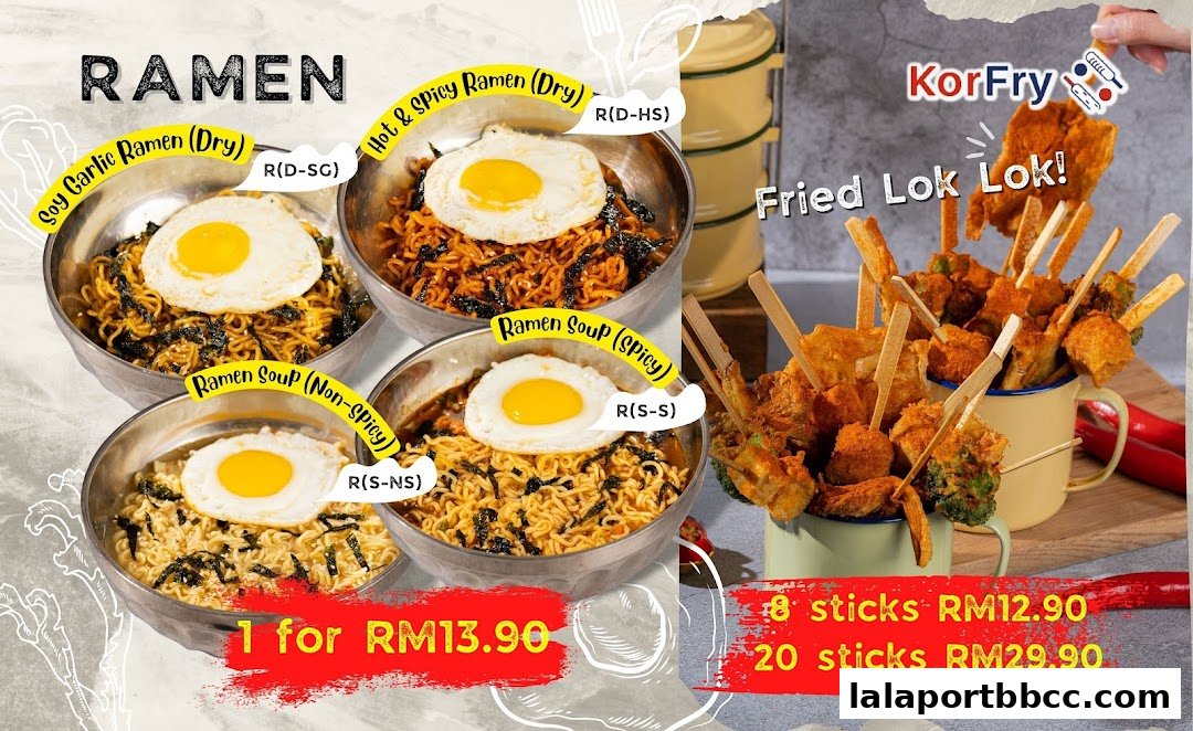 A vibrant menu showcasing KorFry's ramen and fried lok lok options with prices.
