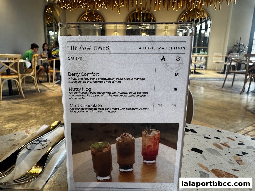 A menu for POKOK LaLaport featuring Christmas edition drinks with descriptions and prices.