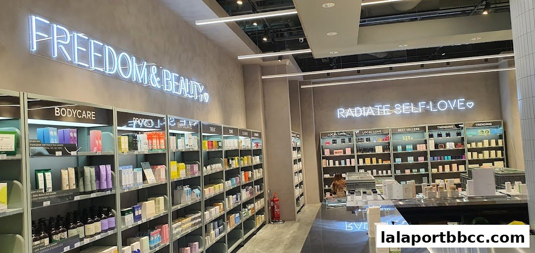 Interior view of a beauty store with shelves stocked with skincare and body care products.