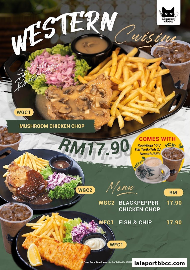 A menu showcasing Western cuisine with dishes like Mushroom Chicken Chop and Fish & Chip.