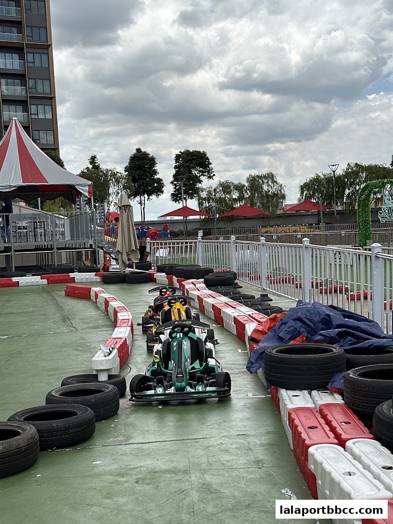 Go-karts lined up on a race track with barriers and a cloudy sky.