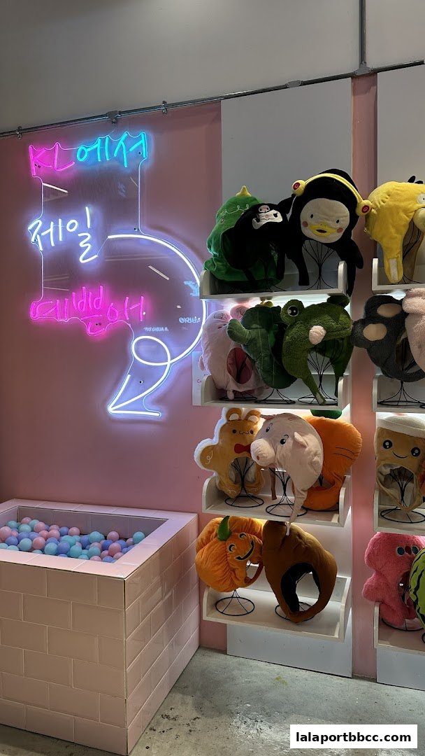 A shop interior with novelty hats displayed on shelves and a ball pit.